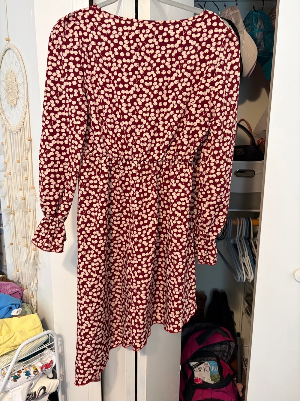 Long-Sleeve Burgundy Cherry Print Floral Cinched-Waist Asymmetrical Dress